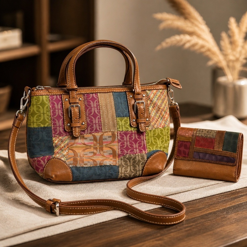 Fossil Patchwork Leather Suede Denim Crossbody Satchel Bag and Wallet Set Multi